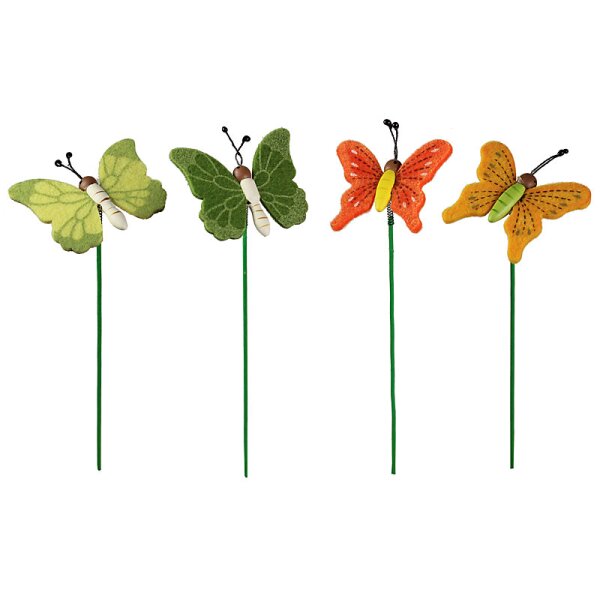 Filz-Schmetterlinge am Stab grün-mandarine-orange 24 cm 4er-Set