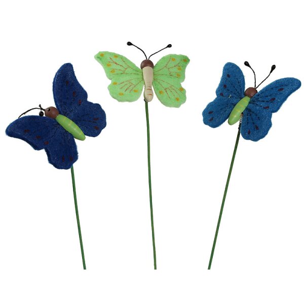 Filz-Schmetterlinge am Stab grün-blau dunkelblau 24 cm 3er-Set