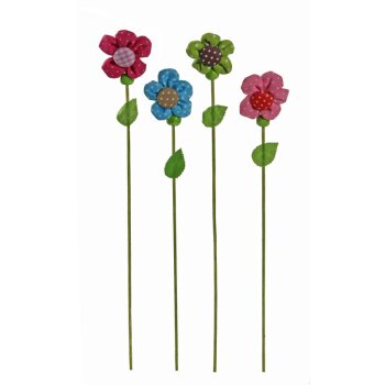 Stoffblüten-Stecker rosa-pink-blau-grün 26 cm 4er-Set