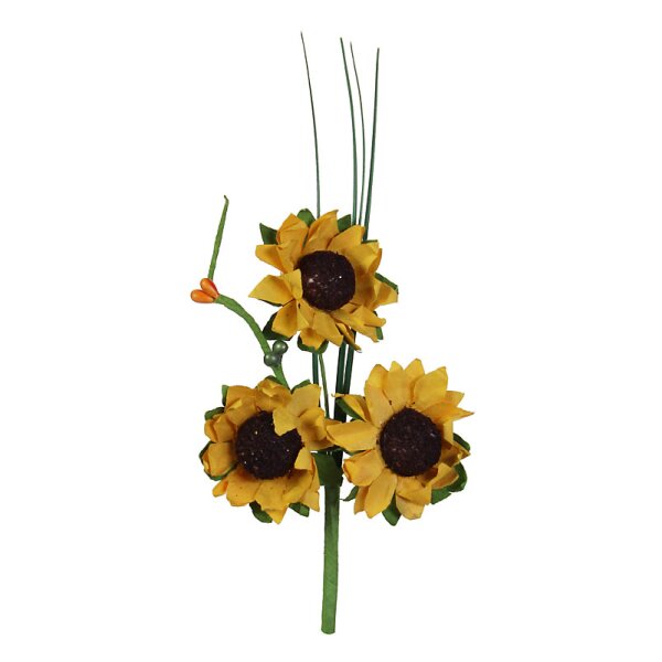Künstlicher Sonnenblumen-Pick mit 3 Blüten, Beeren und Gras 18 cm