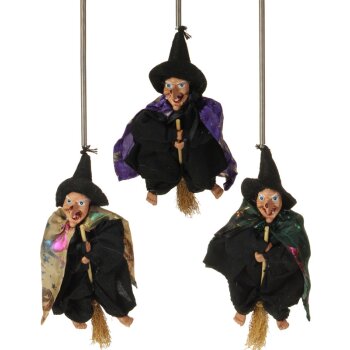 Kleine Deko-Hexen hängend mit Besen und Hut 17 cm sortiert Stückpreis