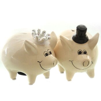 Sparschweine als Brautpaar mit Schleier und Zylinder...