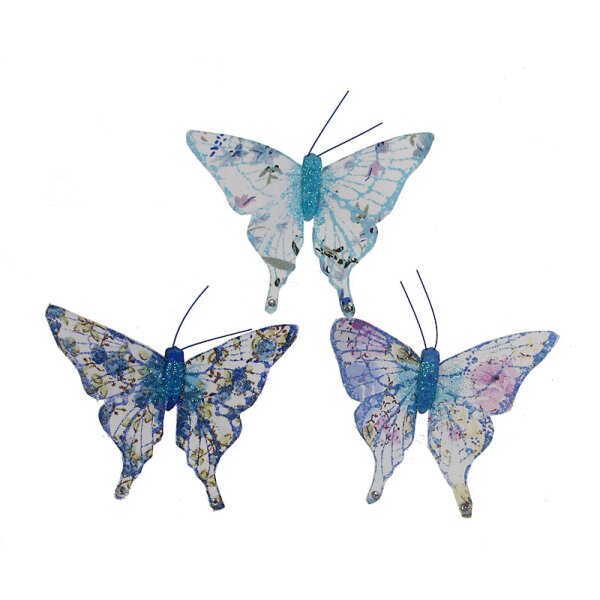 Deko-Schmetterlinge aus Stoff 9 cm mit Clip und Glitter Blautöne 3er-Set