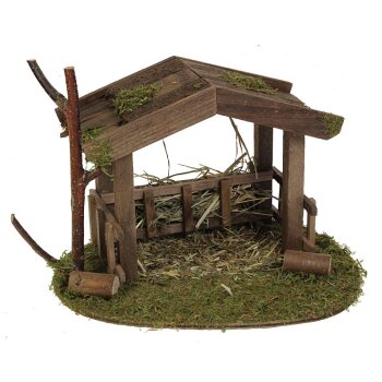 Holzhütte Tierstall mit Futterraufe und Schindeldach 18 x 12 cm Krippenzubehör