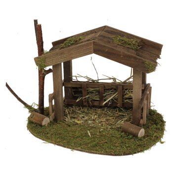 Holzhütte Tierstall mit Futterraufe und Schindeldach 18 x 12 cm Krippenzubehör