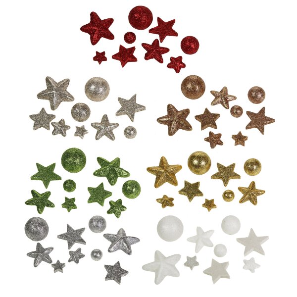 Weihnachtsdeko Glitter-Mix Kugeln und Sterne in mehreren Farben und zwei Packungsgrößen lieferbar