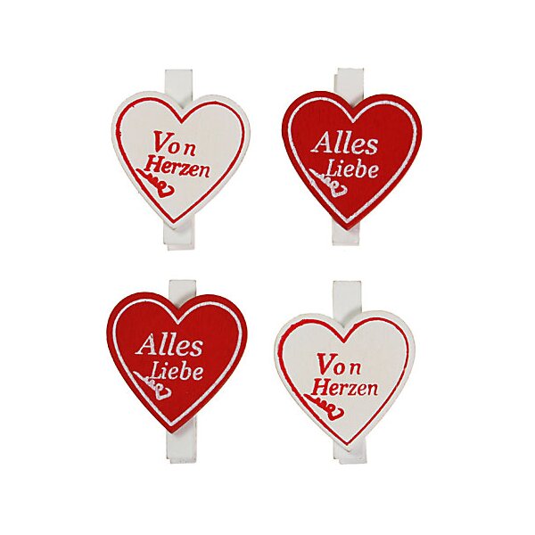 Holzherz mit Klammer „Von Herzen“ und „ Alles Liebe“ rot-weiss 4,5 cm