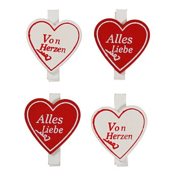 Holzherz mit Klammer „Von Herzen“ und „ Alles Liebe“ rot-weiss 4,5 cm