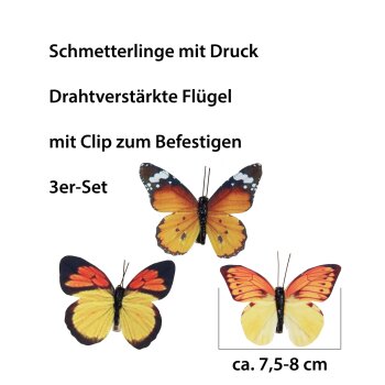 Dekoschmetterlinge 3er Set mit Clip 7,5-8 cm gelb-orange