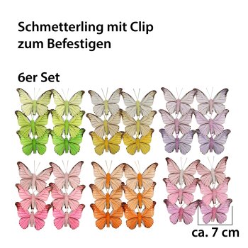 Feder-Schmetterlinge 7 cm 6er-Set in verschieden Farbtönen