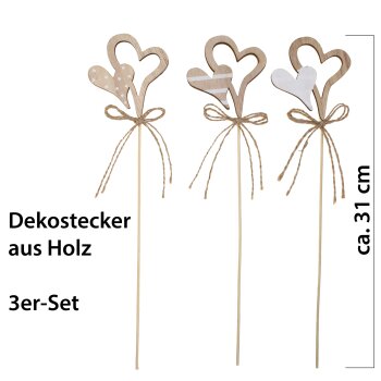 Dekostecker mit Herz 31cm 3er-Set natur-weiß