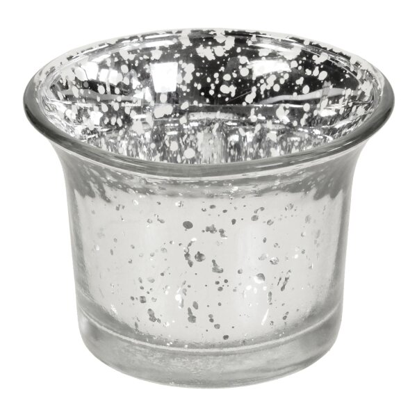 Teelicht-Glas mit gewölbten Rand silber gesprenkelt 4,5 cm hoch, 6,4 cm Ø