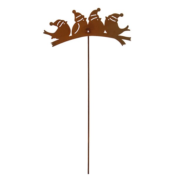 Rostiger Dekostecker mit vier winterlichen Vögeln 33 cm
