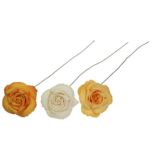 Papier-Rosen-Blüten am Draht creme-gelb-orange 10 cm 3er-Set