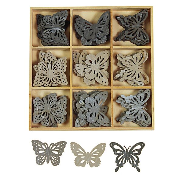 Holz-Schmetterlinge zum Basteln 4 cm Grau-Mix Großpackung 54 Stück