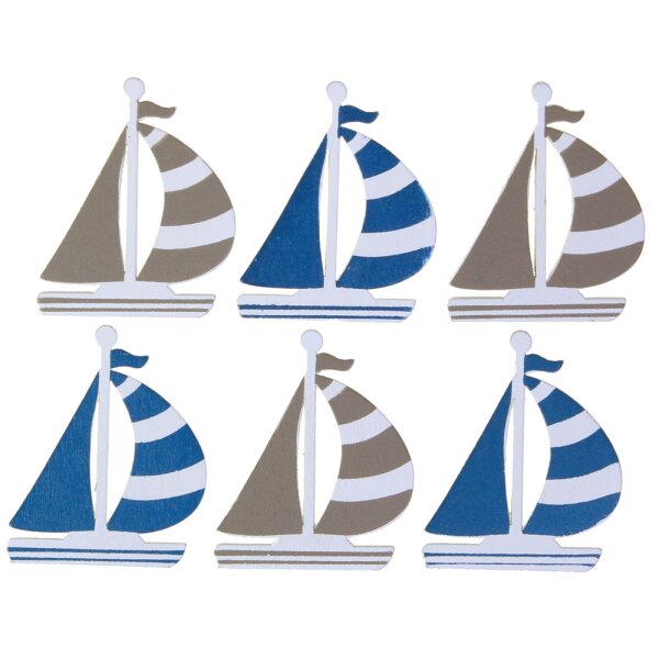 Segelboote aus Holz blau - grau sortiert 4,5 cm 6 Stück