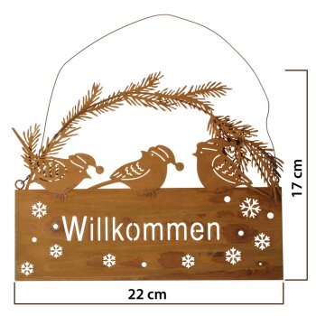 Willkommensschild Rostdeko mit Vögeln 22 cm