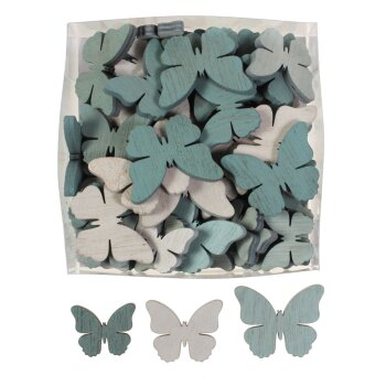 Holz-Schmetterlinge altweiss-blau 3-4 cm Großpackung 60 Stück
