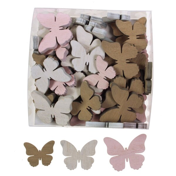 Holz-Schmetterlinge weiss-rosa-braun 3-4 cm Großpackung 60 Stück