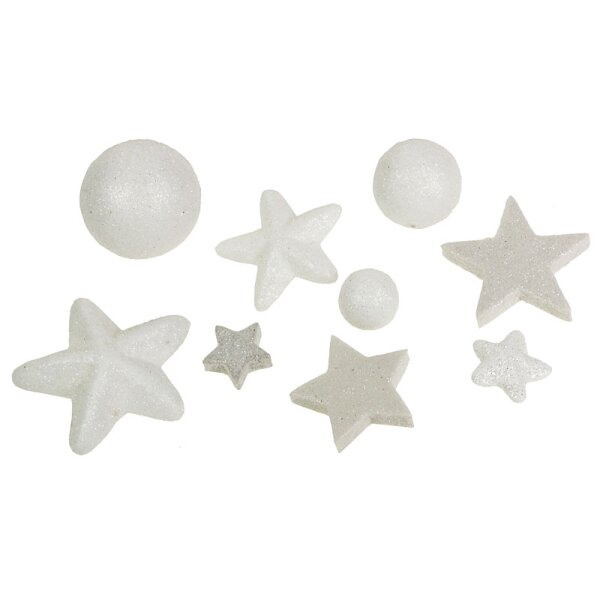 Weihnachtsdeko Glitter-Mix Kugeln und Sterne weiss 9 Stück