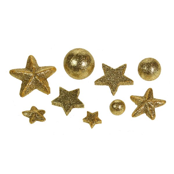 Weihnachtsdeko Glitter-Mix Kugeln und Sterne gold 9 Stück