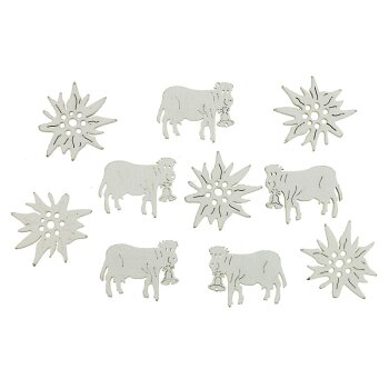 Streuteile Alpine Kühe und Edelweiss aus Holz weiss 2,8-3 cm Großpackung 72 Stück