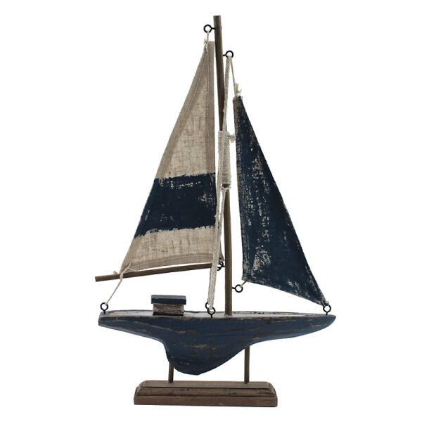 Segelboot Antika aus Holz mit Ständer natur-blau 14,5x23 cm