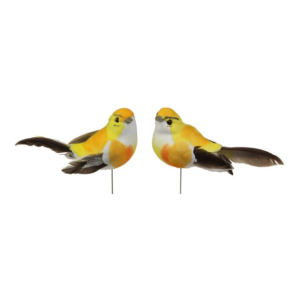 Deko-Vögel mit Federn gelb 9-10 cm 2er-Set gelbe Bastelvögel
