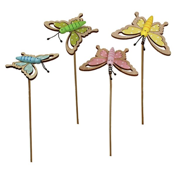 Holz-Schmetterlinge mit Metall-Feder am Stab gelb-grün-blau-rosa 28 cm 4er-Set