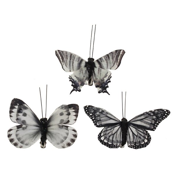 Dekorative Schmetterlinge mit Doppelflügeln am Clip 8-11 cm schwarz-weiss 3er-Set