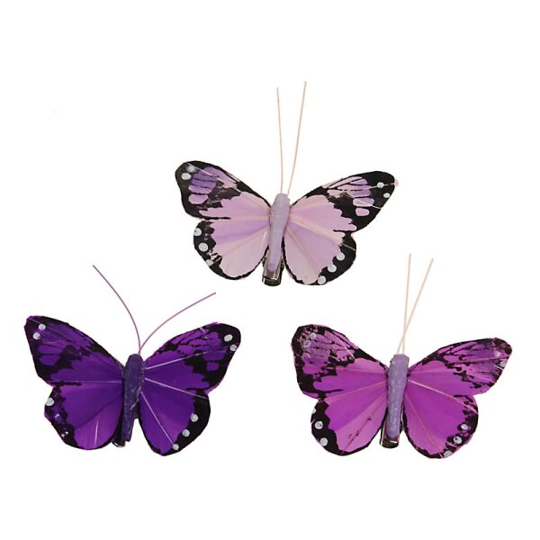 Deko-Schmetterlinge aus Federn Ton-in-Ton lila-violett 7 cm mit Clip 3er-Set