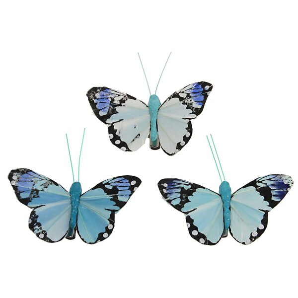 Deko-Schmetterlinge aus Federn Ton-in-Ton hellblau 7 cm mit Clip 3er-Set