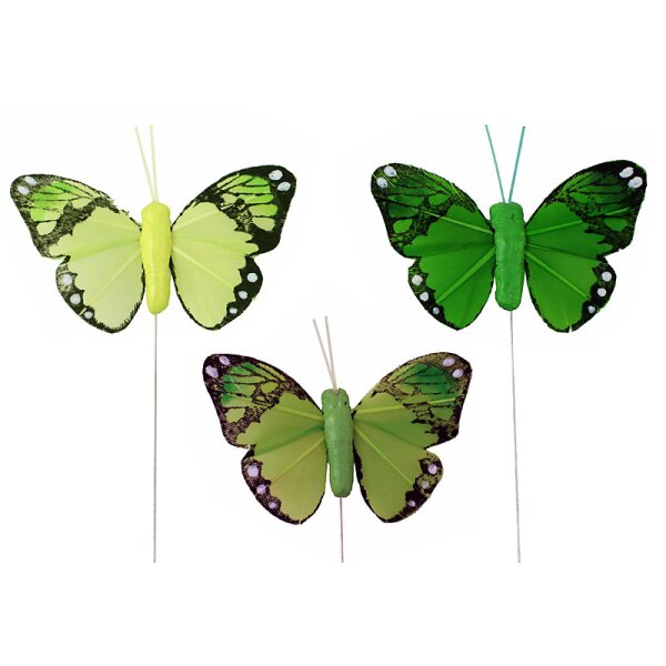 Feder-Schmetterlinge am Draht Grüntöne 3er-Set 5 cm