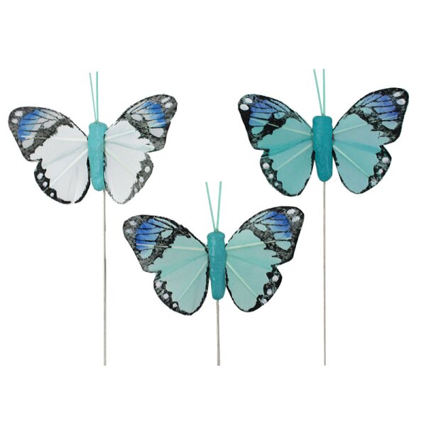 Feder-Schmetterlinge am Draht Blautöne 3er-Set 5 cm