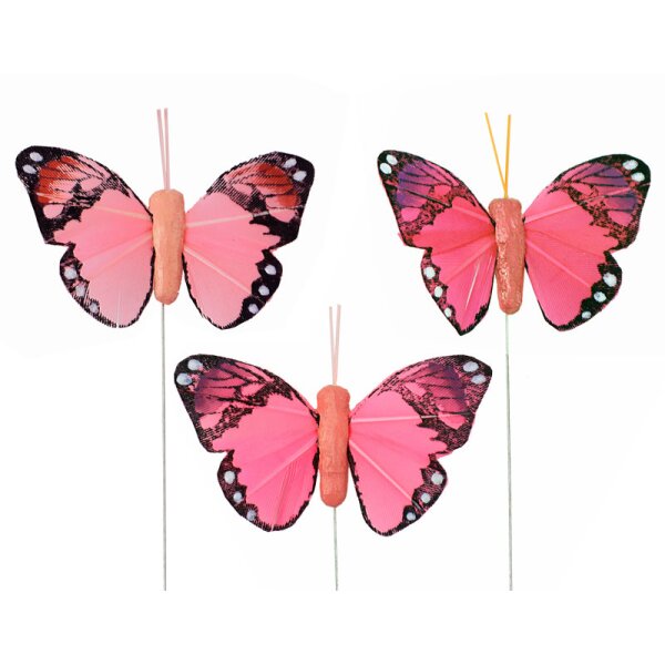 Feder-Schmetterlinge am Draht Rosa-Pinktöne 3er-Set 5 cm