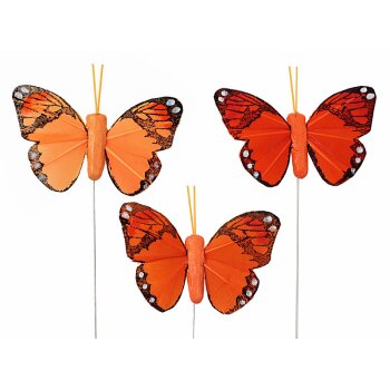 Feder-Schmetterlinge am Draht Orangetöne 3er-Set 5 cm