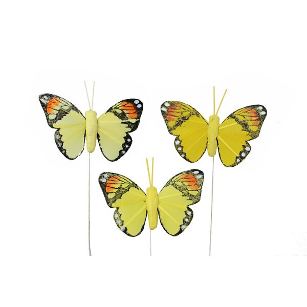 Feder-Schmetterlinge am Draht Gelbtöne 3er-Set 5 cm