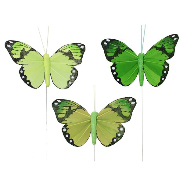 Feder-Schmetterlinge am Draht Grüntöne 3er-Set 7 cm