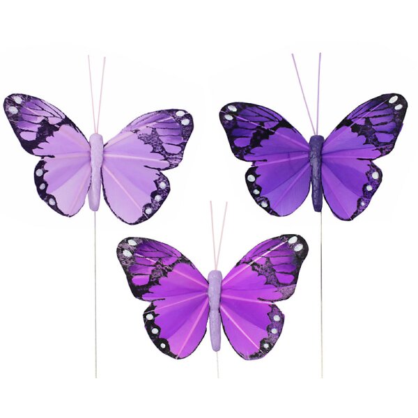 Feder-Schmetterlinge am Draht Lila-Fliedertöne 3er-Set 7 cm