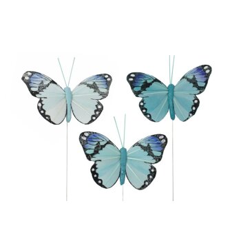 Feder-Schmetterlinge am Draht Blautöne 3er-Set 7 cm
