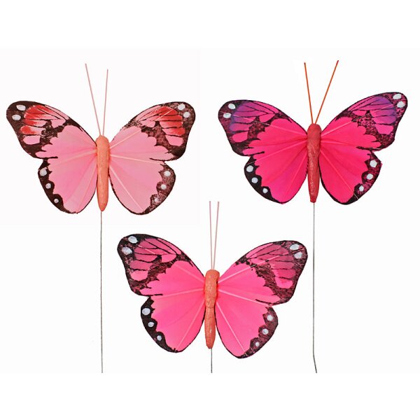 Feder-Schmetterlinge am Draht Rosa-Pinktöne 3er-Set 7 cm