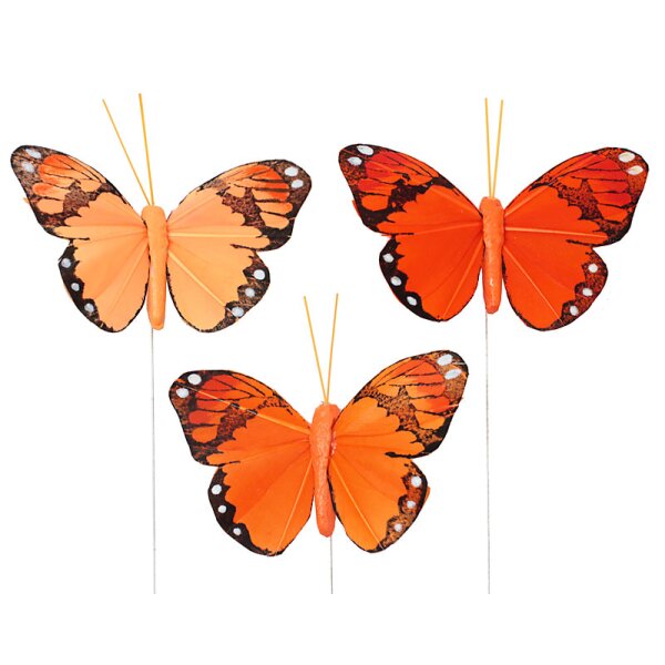 Feder-Schmetterlinge am Draht Orangetöne 3er-Set 7 cm