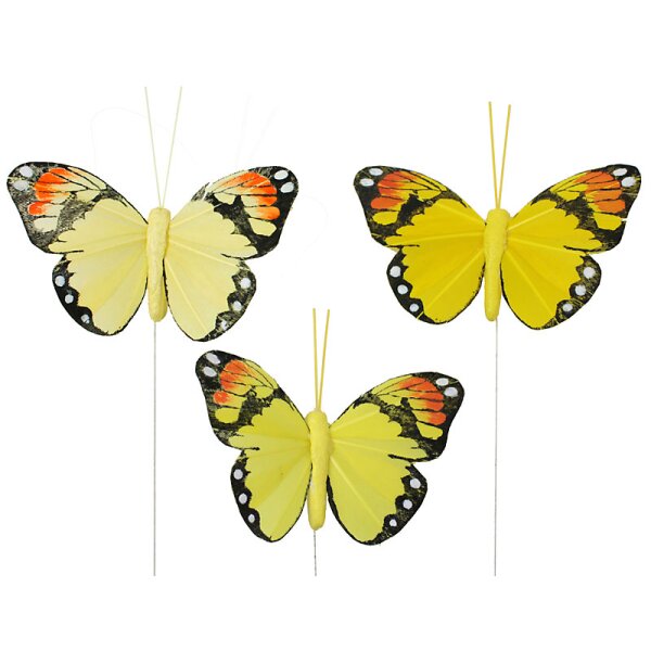 Feder-Schmetterlinge am Draht Gelbtöne 3er-Set 7 cm