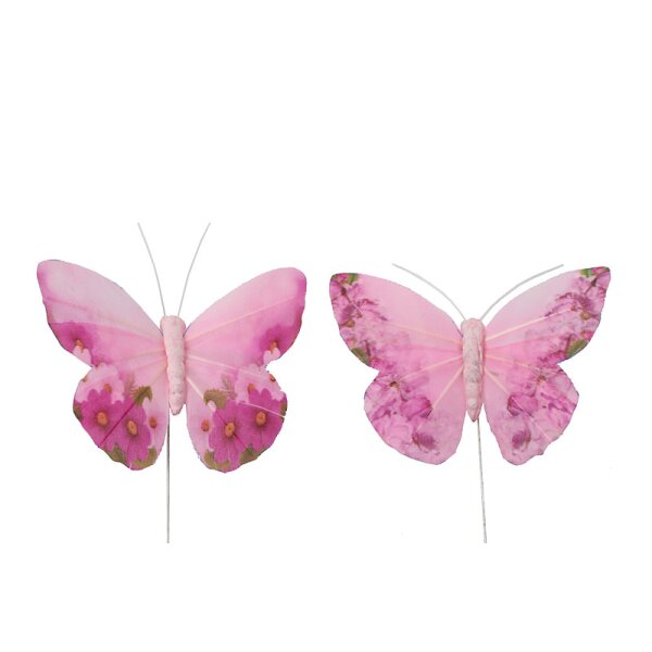 Deko-Schmetterlinge aus Federn rosa mit Blümchendruck 7,5 cm 2er-Set