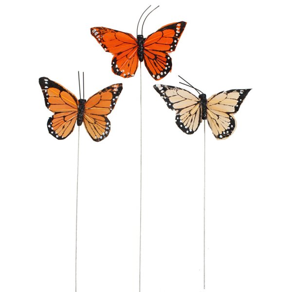 Deko-Schmetterlinge Ton-in-Ton orange 6-7 cm am Draht 3er-Set