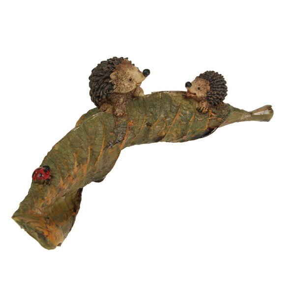 Deko-Igel mit Igelkind auf verwelktem Laubblatt Polystone 13 cm