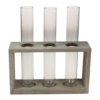 Holzständer grau mit 3 Glasröhrchen-Vase 19x20 cm