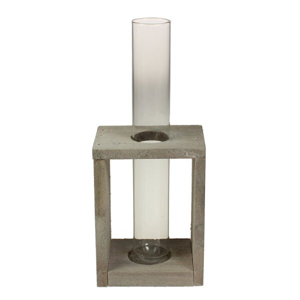 Holzständer grau mit Glasröhrchen-Vase 8,5x20 cm