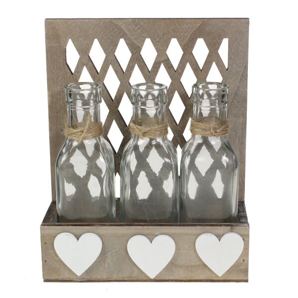 Holzständer mit Rückwand grau mit 3 Vasen und Herzen 17x21 cm