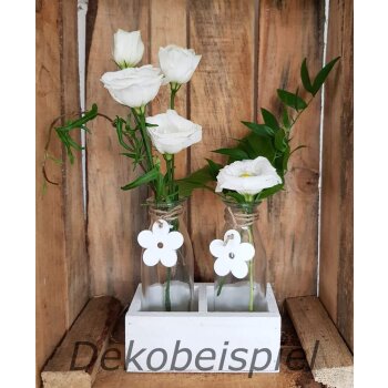 Holzständer weiss mit 2 Glasvasen und Holz-Blumen 13x14,5 cm